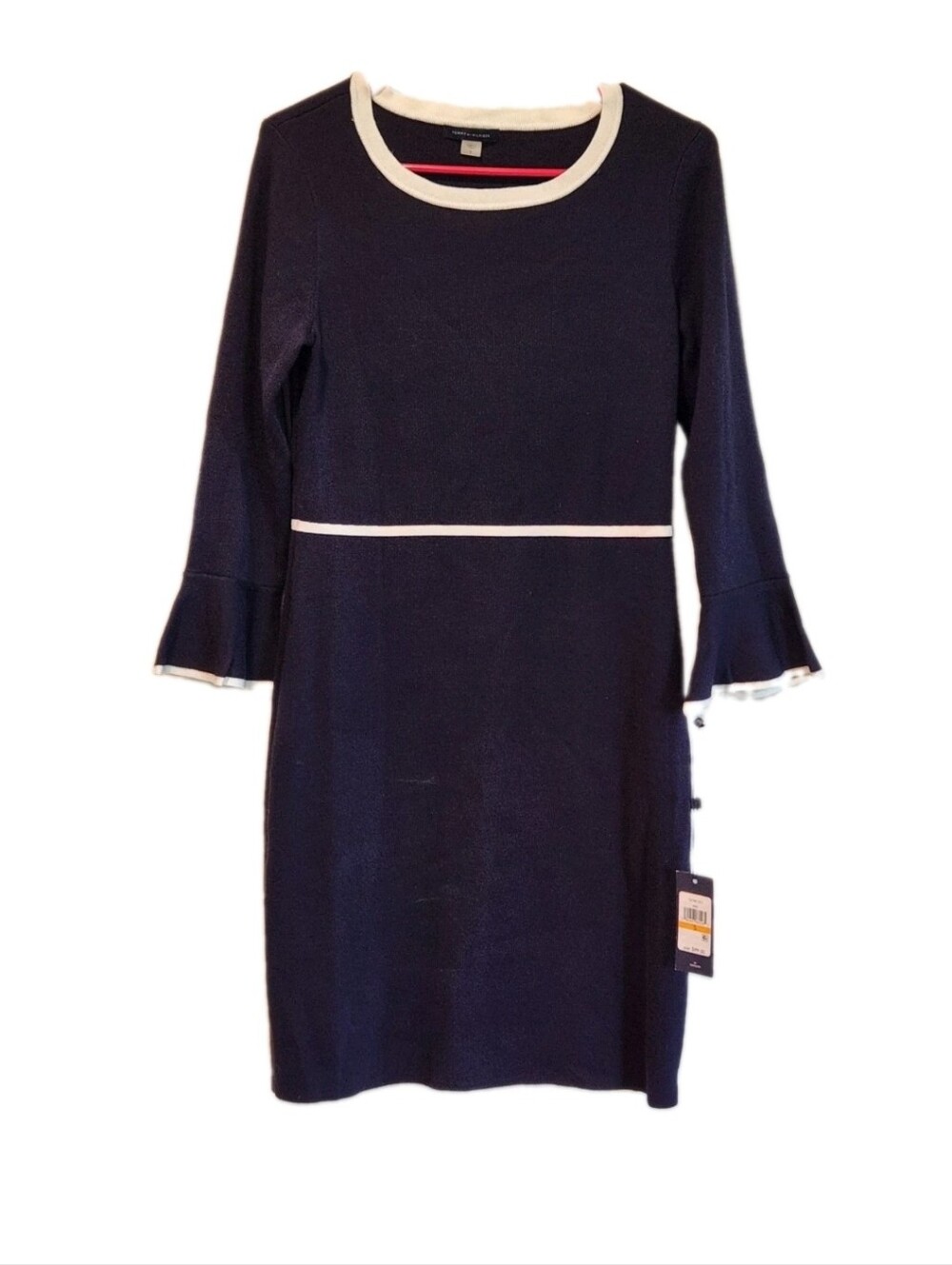 Tommy Hilfiger Navy Blue Contrast White Trim Flare Sleeve Sweater Dress Small